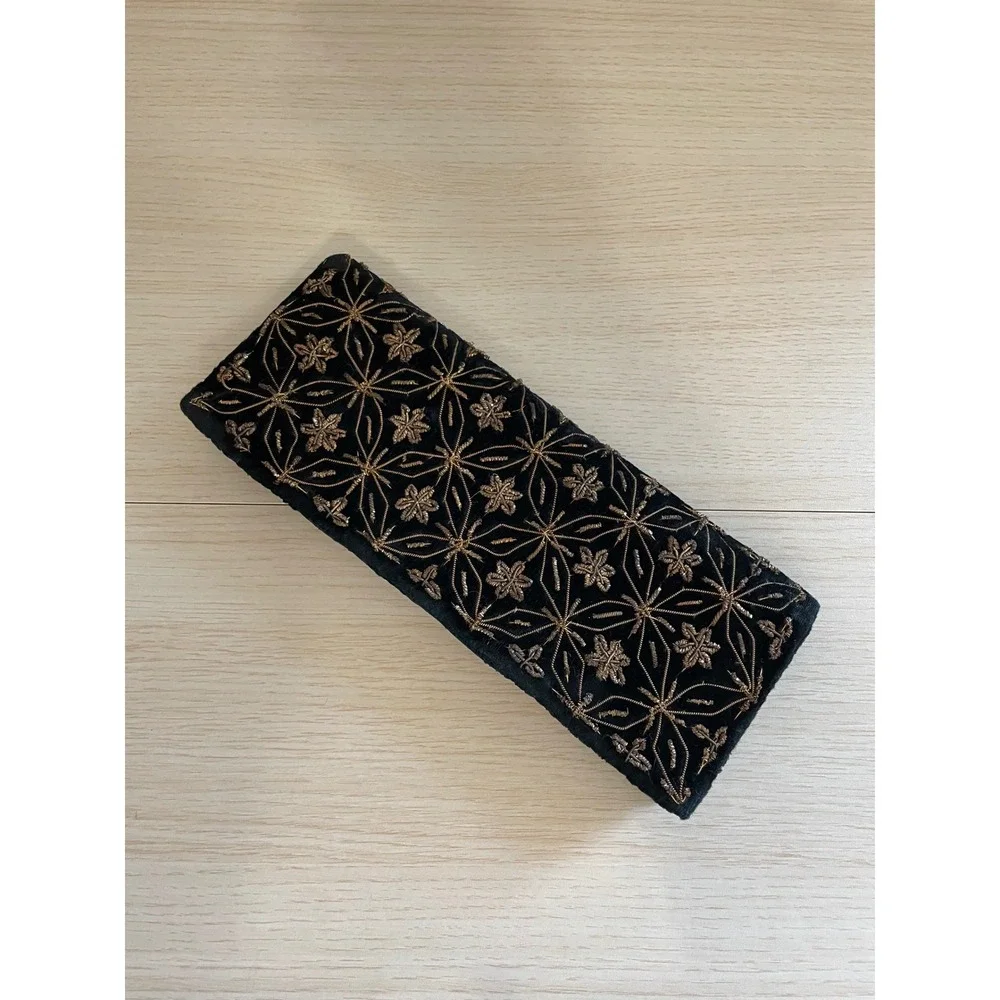 Vintage Black Velvet Gold Embroidered Floral Geometric Evening Clutch Bag
